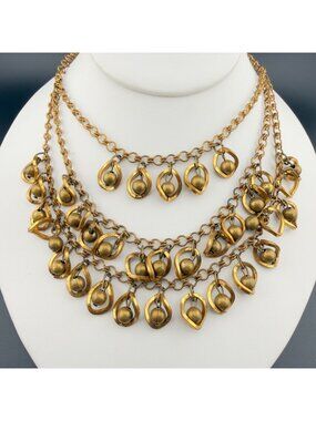 Vintage Brass Tone Multi Strand Bib Necklace Statement Boho